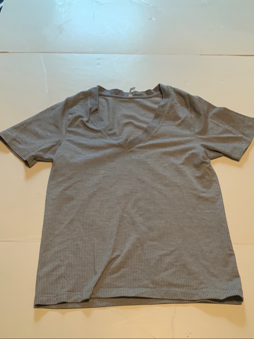 Athleta Gray Ribbed Short-Sleeve V-Neck Tee
